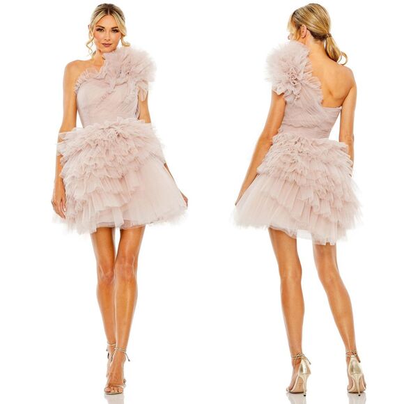 Mac Duggal NEW Tulle‎ Ruffle One Shoulder Mini Dress Pastel Mauve $698 - Size 2 - Picture 9 of 15